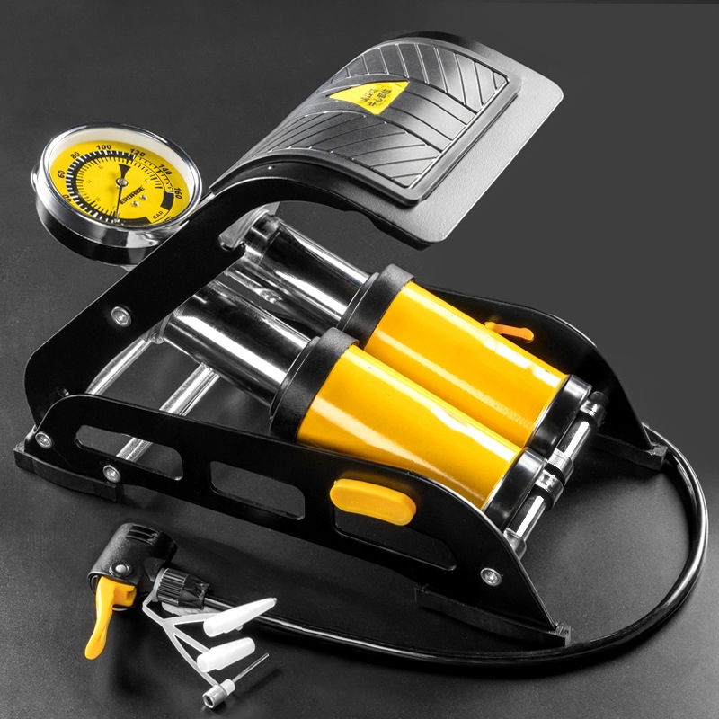  Bơm Hơi Đạp Chân 2 Xilanh 2 Ống BEE Có Đồng Hồ Đo Áp Suất Kèm Van Bơm Xe Đạp Xe Máy Ô Tô Bóng 