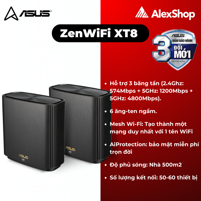 [2 Packs] Router WiFi 6 ASUS ZenWiFi XT8, WiFi AI Mesh, 3 Băng Tần, AX6600, Màu Đen - Trắng