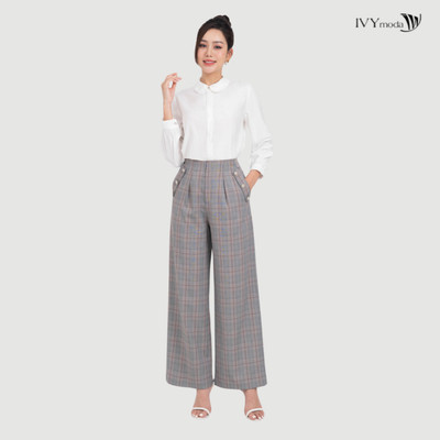 Quần ống suông nữ họa tiết kẻ IVY moda MS 22M7991