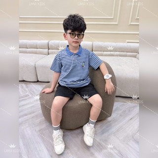 Áo thun polo cổ bẻ cho bé trai UMA KIDS phong cách hàn quốc kẻ sọc hình thêu gấu ngộ nghĩnh UMK05