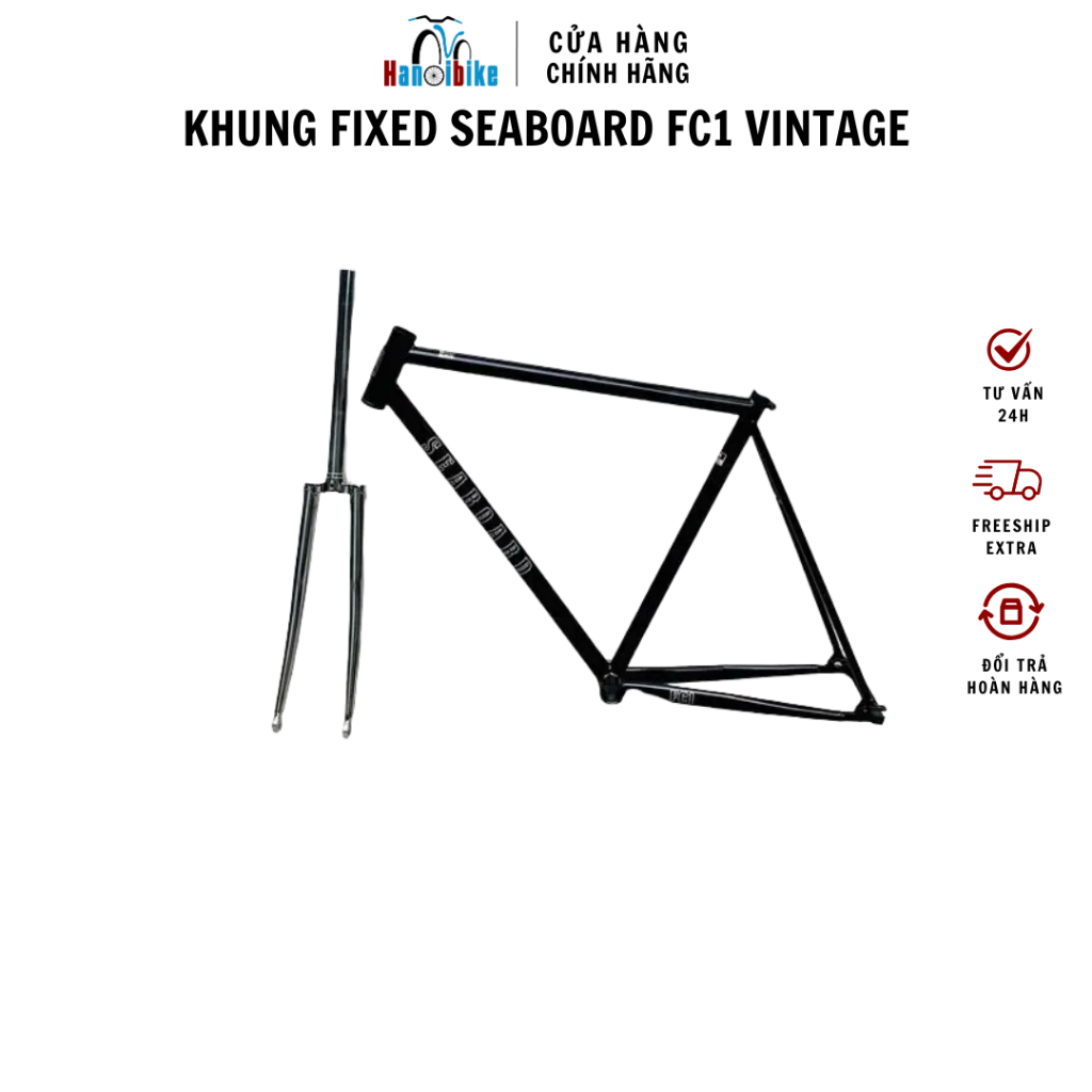 Khung xe đạp Fixed Gear Seaboard FC1 kiểu Vintage - Đen/ Bạc
