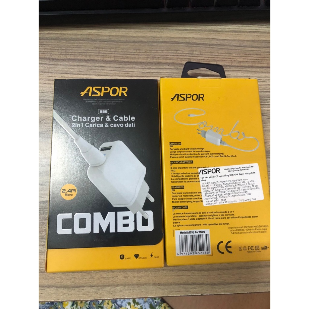 Bộ Dây sạc Micro và Củ sạc ASPOR 2 cổng USB PowerPort II 24w - A829