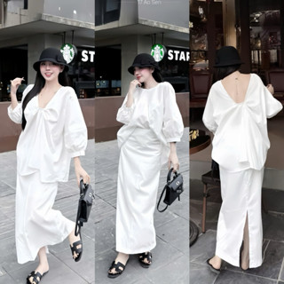 Set thô mềm áo sơ mi hở lưng mix chân váy maxi sang chảnh mặc 2 kiểu