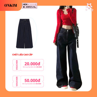 Quần jean bò ống rộng suông ONKIM lưng cao bản trơn xanh đậm phom dáng basic