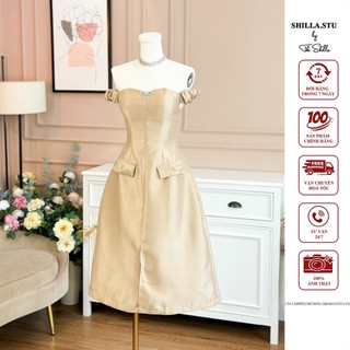 Váy đầm thiết kế cao cấp màu kem trễ vai sang trọng [ Ảnh thật ] The Shilla-CM.G58B50.58C8PK(SA25)