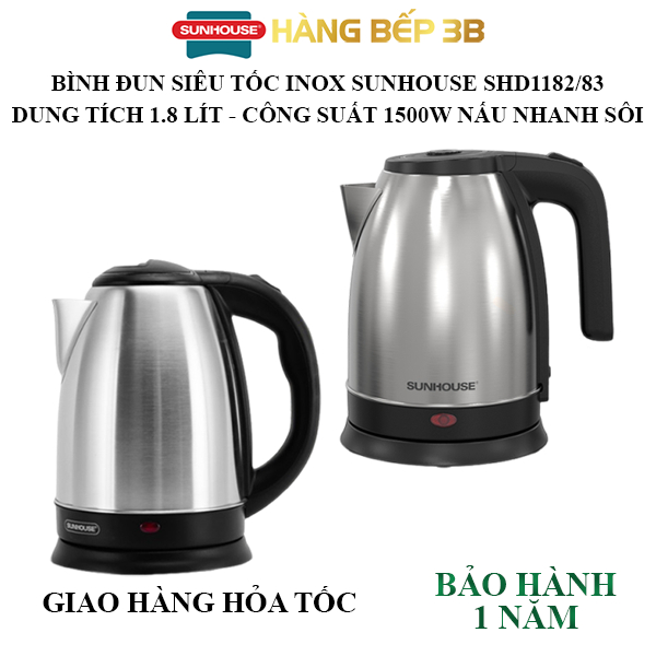 Bình đun nước siêu tốc Sunhouse 1.8 lít SHD1182, SHD1183 chất liệu inox sáng đẹp - Bảo hành 12 tháng