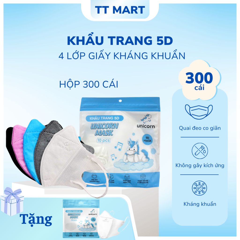 [ 5D ] Thùng 300 Chiếc Khẩu trang màu trắng 5d TT MART 3 lớp kháng khuẩn Chống Tia UV