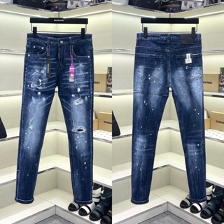 Quần jean bò nam PB slimfit xanh bạc wash nhăn 3D rách tua sợi vảy sơn đùi phối mác Dsq hồng QJ678P