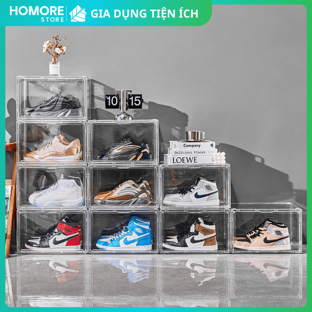 Hộp đựng giày nhựa cứng mica trong suốt, trưng bày túi xách, nắp nam châm chất lượng cao HOMORE.