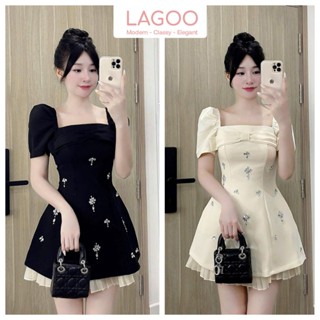 Váy Tiểu Thư Arita Tay Bồng Cổ Vuông Sang Chảnh Tôn Dáng, Đầm Nữ Thiết Kế Dự Tiệc Đính Đá Sang Trọng LAGOO