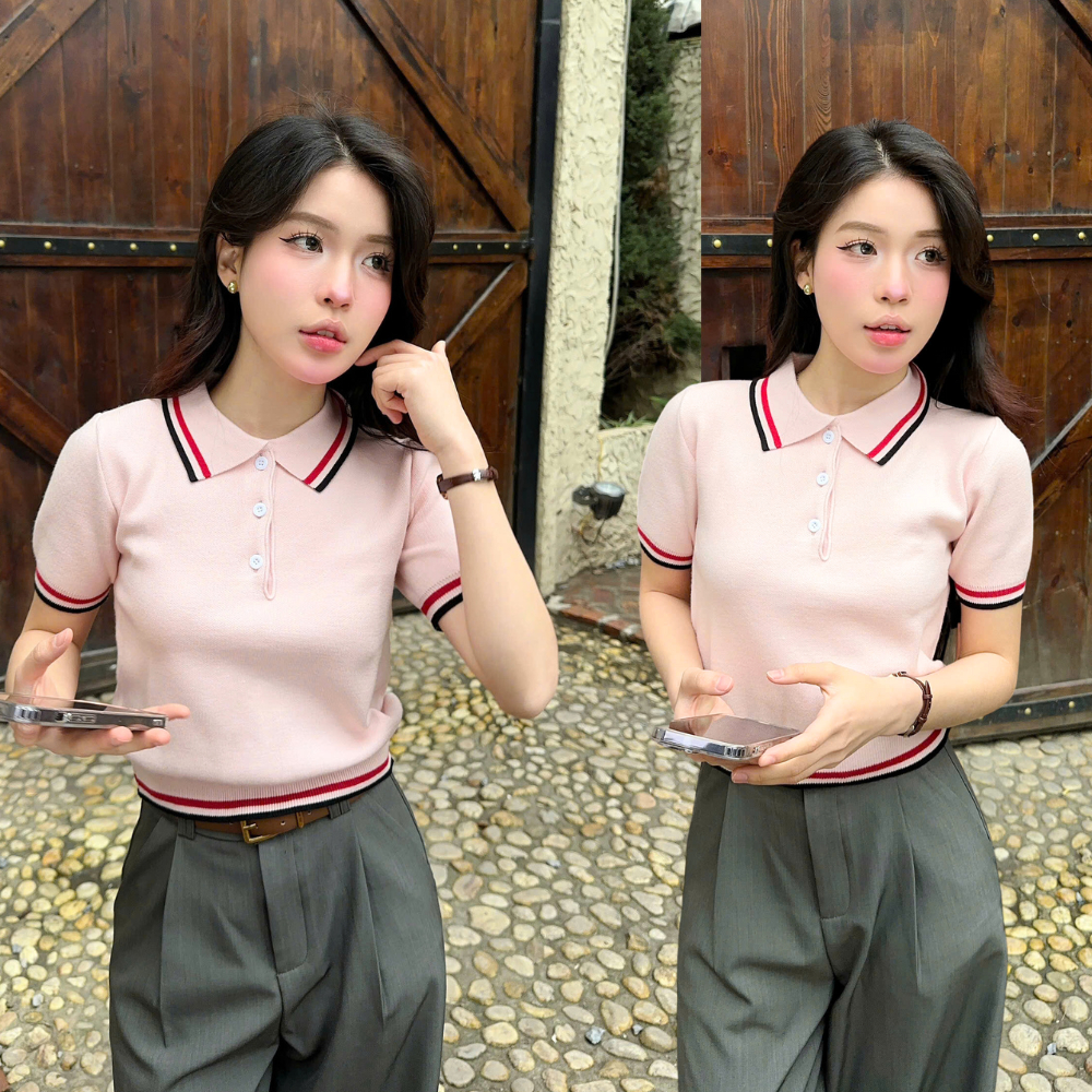 [DELIZ] Áo len ngắn tay polo phối cúc viền line sọc form ôm thanh lịch len lông thỏ mềm PL03