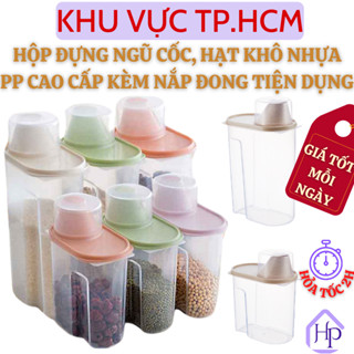 Hộp Đựng Ngũ Cốc, Hạt Khô Nhựa PP Trong Dày Dặn, Nắp Đậy Kín Kết Hợp Đo Lường Tiện Dụng