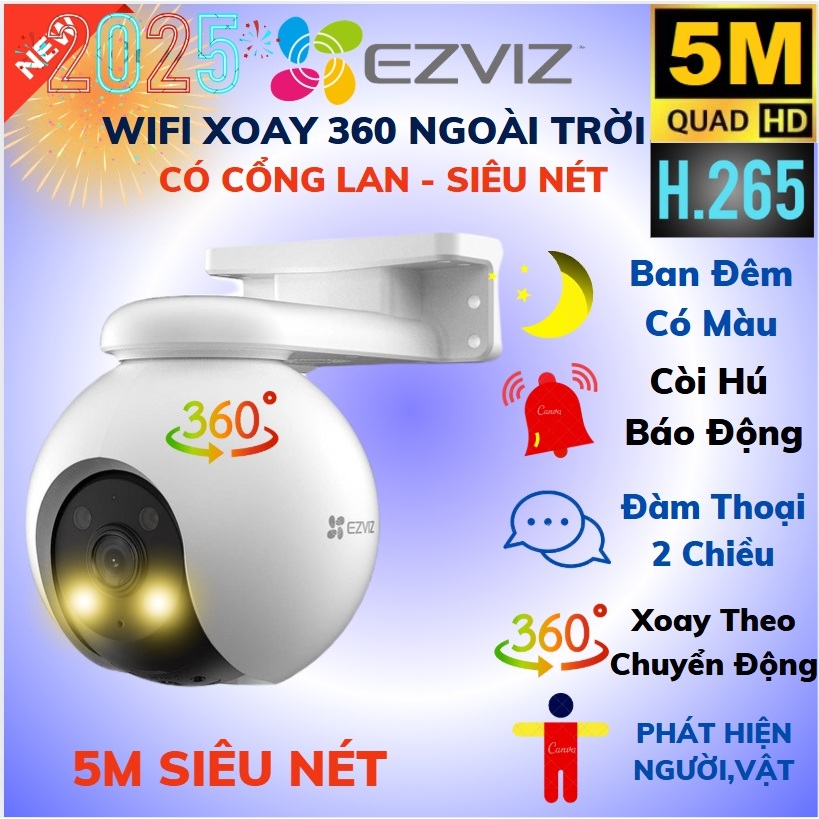 Camera WIFI Ngoài Trời Xoay 360 EZVIZ H8 PRO, H8C, 5MP 3MP 2K 3K SIÊU NÉT Màu Ban Đêm - Chính Hãng
