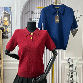 Áo len nữ cổ đức cộc tay hoạ tiết lv, gc siêu sang trọng cúc đồng xịn xò len lông thỏ mềm free size 881