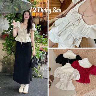 Áo babydoll linen kiểu xinh tay phồng tiểu thư công chúa bo thân nơ coquette ngực xinh xắn 126 Store