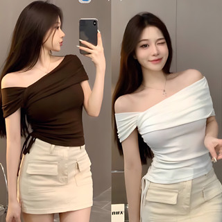 Áo kiểu trễ vai dây rút - Có BIG Size - chất THUN TĂM CO GIÃN ôm eo hack dáng 12 Tháng 6-MA 173