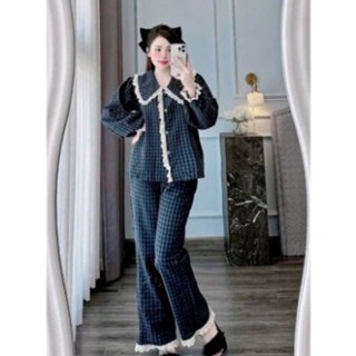 Set Đồ Ngủ Kẻ Caro Phối Bèo Tay Dài Kèm Quần Suông Ống Rộng 