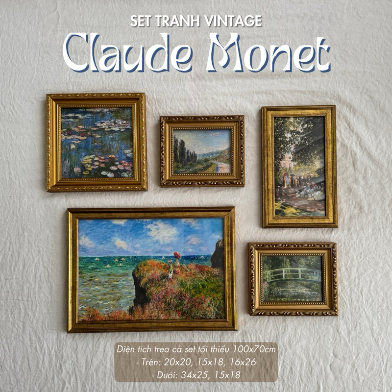 Set 5 Tranh Claude Monet, Vintage Cổ điển Decor, Khung Lõi Gỗ, Lồng Kính, Hình in Tranh Claude Monet