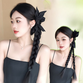  Kẹp tóc giả thắt bím đuôi ngựa nối dài ngoặm tóc giả bện tết có kèm nơ lụa tua rua cho nữ thời trang Hàn Quốc 