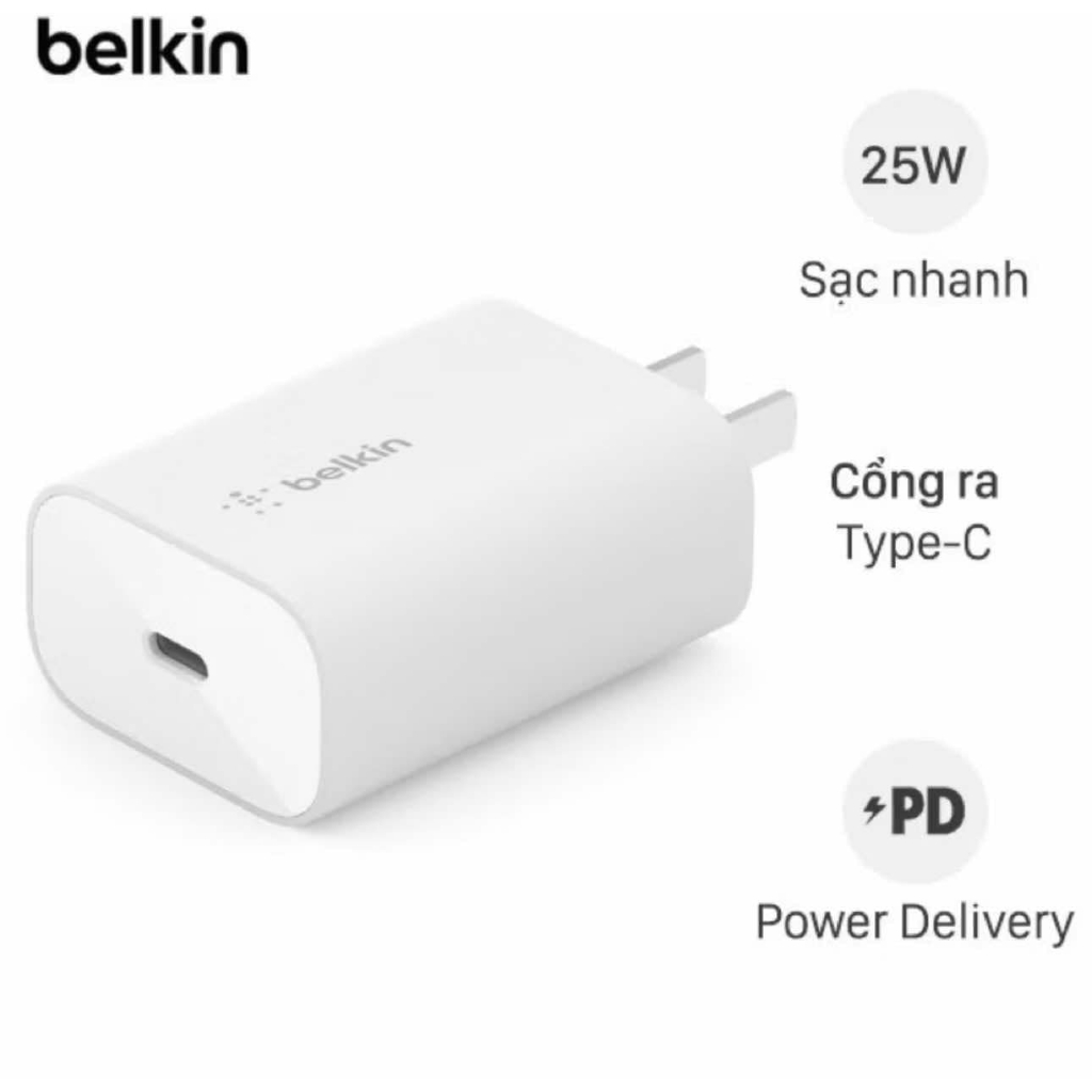 Củ sạc nhanh Belkin PD 25W 1 cổng Type-C - Chân dẹt hàng nobox ngoại hình 95%.