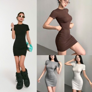 Váy ôm body nữ cổ tròn form fit cotton co giãn mềm mịn Justdun D4