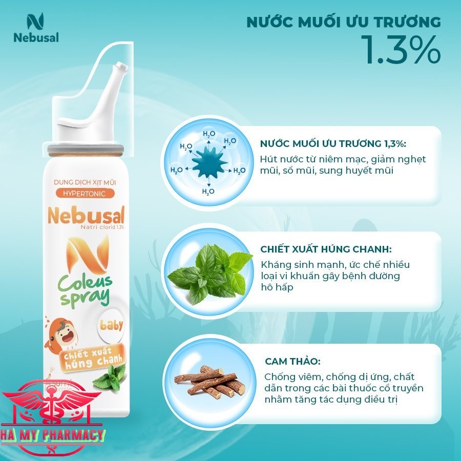Xịt mũi NEBUSAL Coleus húng chanh giảm sổ mũi, nghẹt mũi cho trẻ sơ sinh và người lớn 50ml