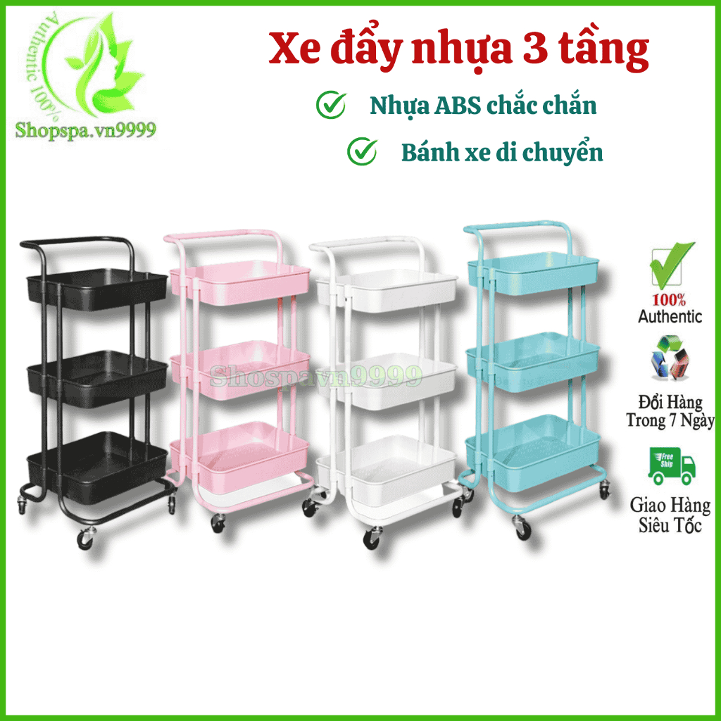 Xe đẩy 3 tầng nhựa Spa, Xe đẩy 3 tầng Spa có bánh xe di chuyển tiện lợi