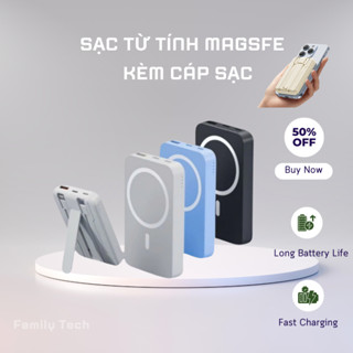 Sạc Dự Phòng Từ Tính Không dây 10.000mAh, Tích Hợp 2 Dây Sạc Type C và Lightning