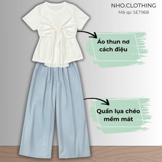 Set đồ bigsize nữ áo thun kiểu xoắn ngực hình nơ điệu đà co giãn phối quần lụa ống xuông lưng chun tôn dáng -SET968