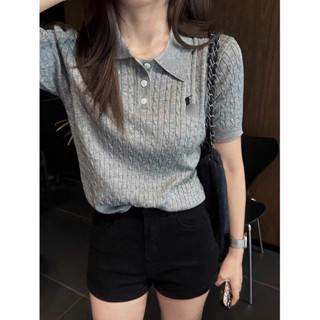 Áo len nữ, áo len cộc tay nữ cổ bẻ THÊU NGỰA len mongtoghi ngắn tay dáng ôm vừa phong cách Hàn Quốc màu xám đen be -RUBY