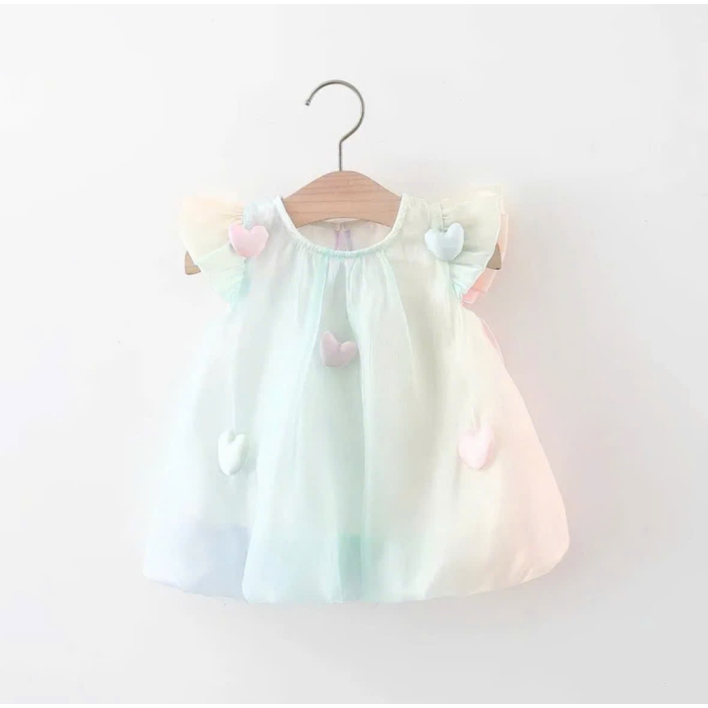 E026 Đầm voan bồng tay cánh tiên phối trái tim màu cầu vồng siêu xinh cho bé gái mặc đi đám cưới, đi