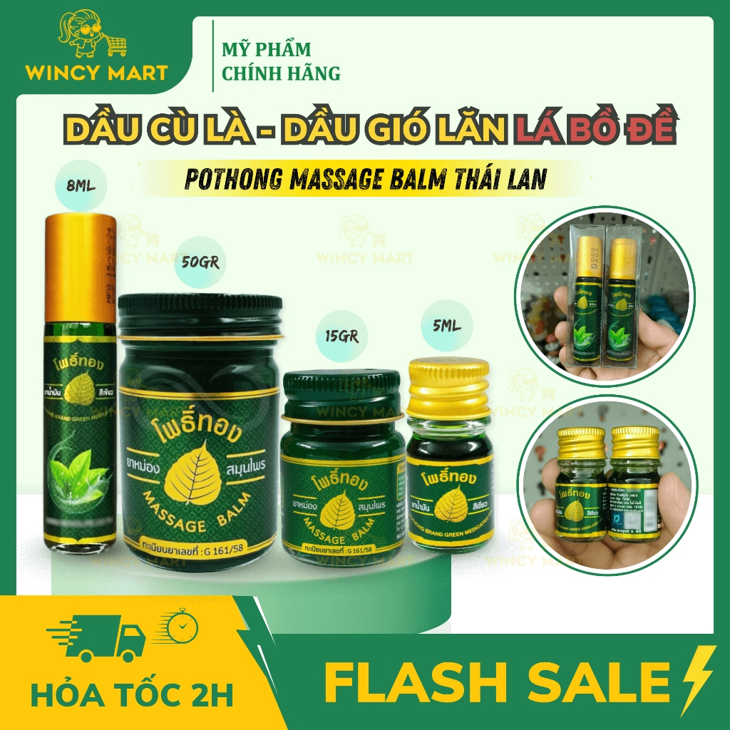 [Nội Địa Thái] Dầu Cù Là - Dầu Gió Lăn Lá Bồ Đề Pothong Giúp Xoa Bóp Giảm Nhức Mỏi Thái Lan 15g/50g/5ml/8ml - Wincy Mart