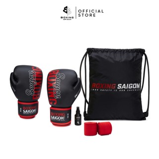 Combo Găng Tay Boxing Saigon 1.0 + Băng Quấn Tay 4m5 (tặng túi rút & xịt) - Black/Red