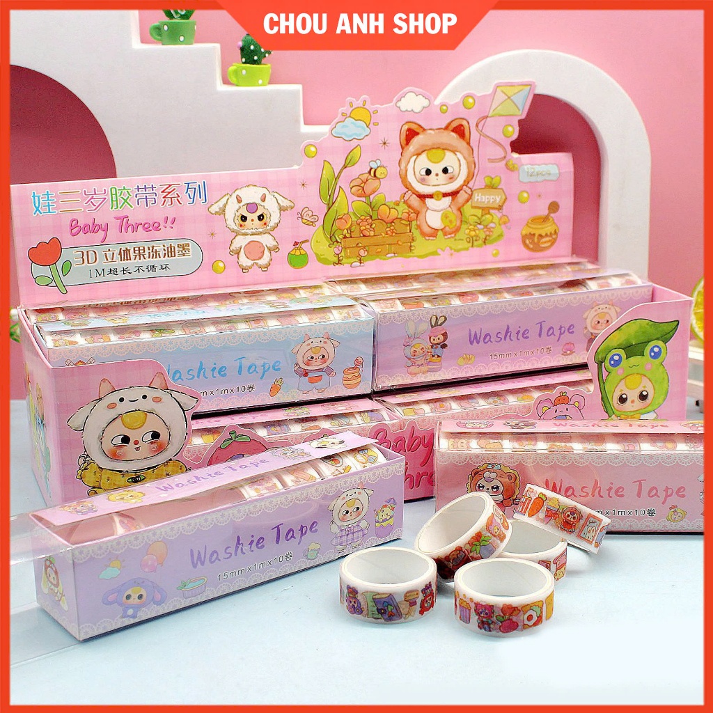 Hộp 10 Cuộn Sticker Trong Suốt Lấp Lánh Baby Three - Hình dán Babythree, Labubu, Capybara, nv Hoạt h