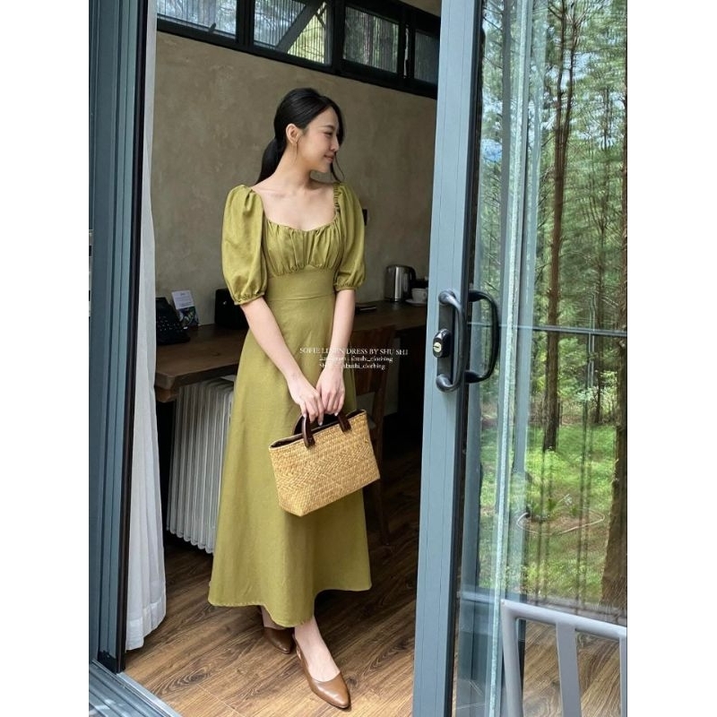 [THANH LÝ] 𝐒𝐨𝐟𝐢𝐞 𝐋𝐢𝐧𝐞𝐧 𝐃𝐫𝐞𝐬𝐬 - Đầm Linen SHU SHI Ly Ngực Tay Bồng màu xanh size L (ảnh chính chủ)