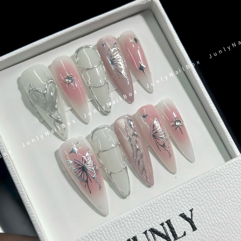 Nailbox Thiết Kế Móng Tay Giả Tráng Gương Hồng Mắt Mèo Y2K 177