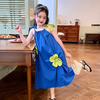  3-14Y Quần áo trẻ em Váy xanh Klein dành cho trẻ em Mùa hè phong cách nghỉ lễ váy hoa ba chiều 
