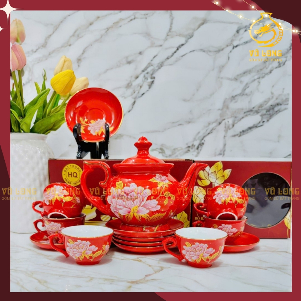 Ấm chén màu đỏ mạ vàng gốm sứ Bát Tràng cao cấp, ấm trà vẽ vàng kim sang trọng