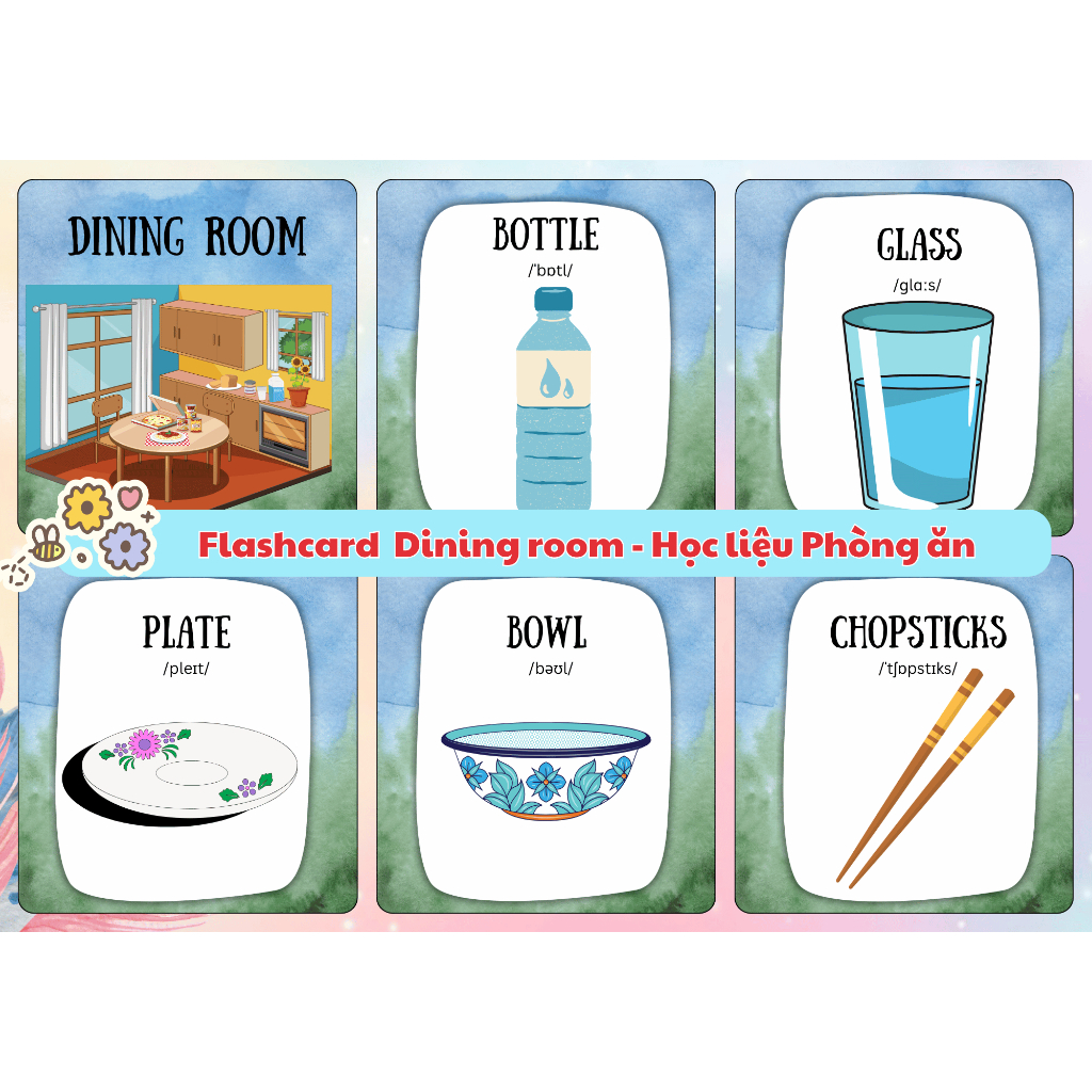 Bộ 30 THẺ Học liệu Phòng ăn 2 mặt ép plastic - 60 VOCABULARY Dining room - Flashcard phòng ăn - Joli