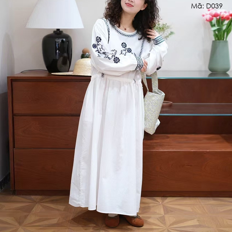 Đầm liền linen dài tay KAMAKA cổ tròn thêu hoa văn retro chiết eo - D039