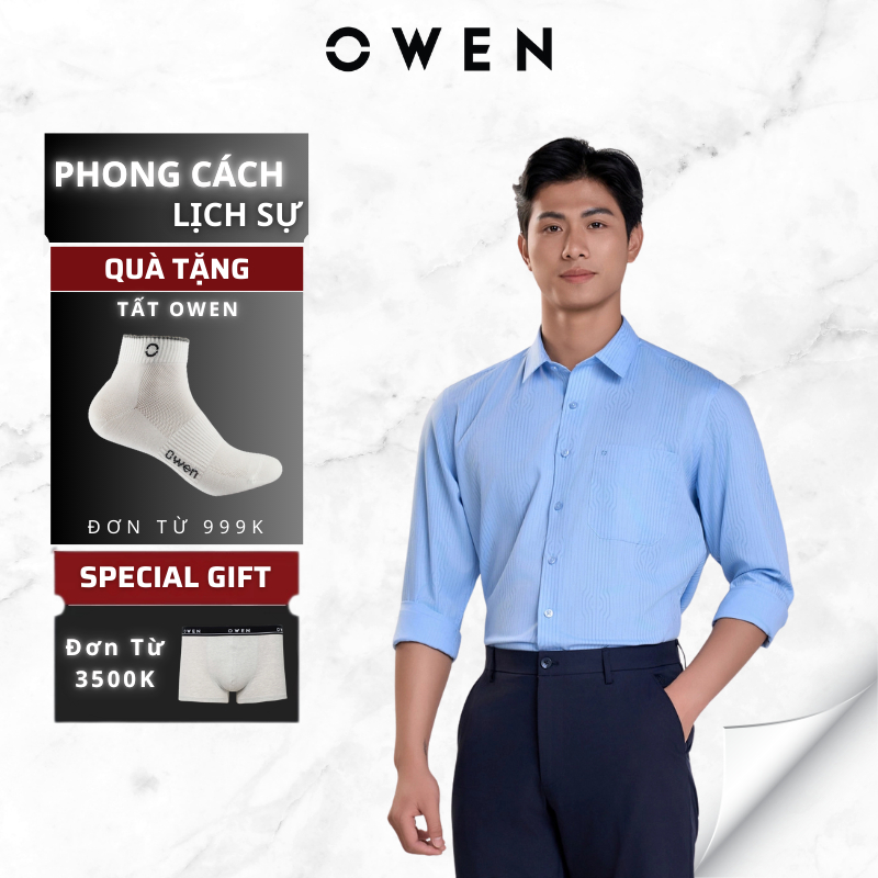 Áo Sơ Mi Nam Dài Tay Owen AR230667DT màu xanh kẻ sọc dáng Regular Fit,chất liệu BAMBOO mềm mịn