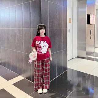  Set bộ áo thun quần dài kẻ caro họa tiết đáng yêu cho bé gái size 9-44kg. 