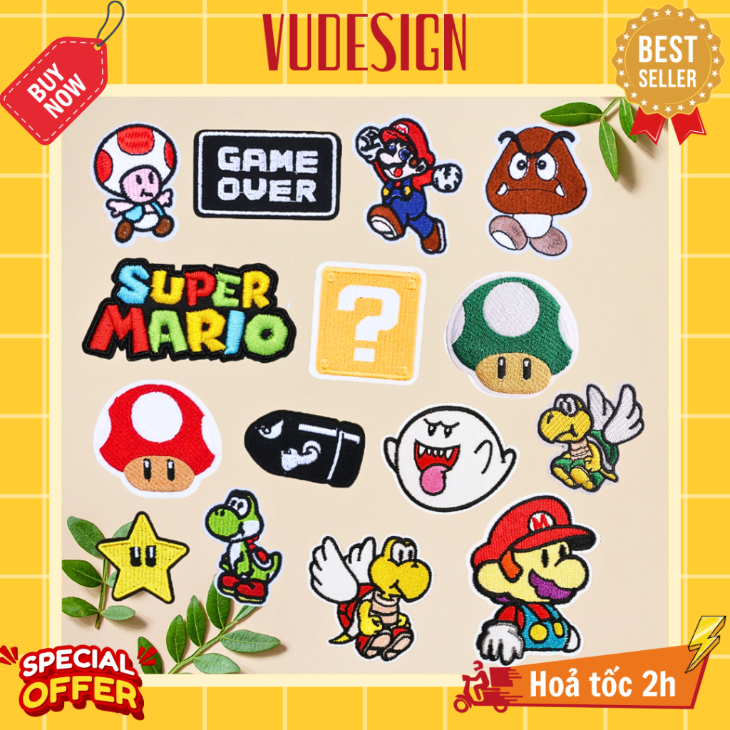 Sticker Vải, Sticker Ủi Thêu Quần Áo, Balo, Túi, Mũ Hình Game Super Mario Kirby Vudesign