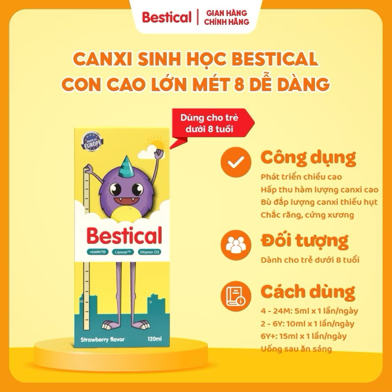 [ Tích điểm ] Bestical Canxi Sinh Học 120ml Vị Dâu - Hỗ Trợ Tăng Chiều Cao Với Canxi, Vitamin D3K2