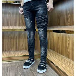  quần bò nam đen vảy sơn khuyết tật tua đen bốn cúc 