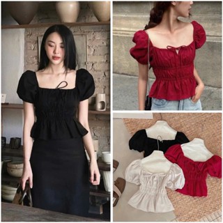 Áo Babydoll Linen Cổ Vuông Tay Bồng Nơ Ngực Xinh Xắn