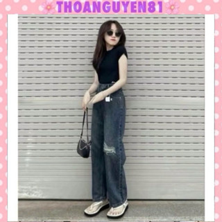 Quần suông ống rộng cạp cao thiết kế rách 1 gối thời trang cho nữ