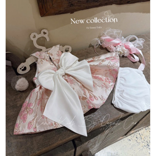   Hàng Chính Chủ Loại 1  Váy Đầm Cổ Yếm Gấm Phối Nơ Siêu Sang Chảnh Cho Bé Gái - Váy Gấm Tết Trung Thu Đi Tiệc Cho Bé 