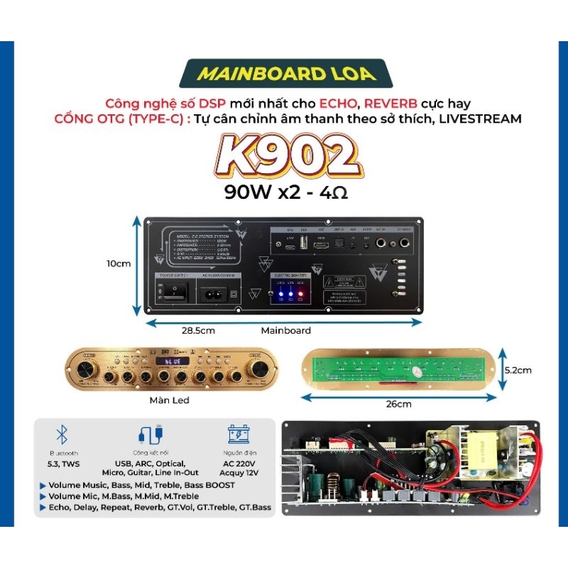 Mạch Loa Kéo K902_180W, 2 Kênh ( Bản nâng cấp của Mạch K18, nhiều tính năng cải tiến )