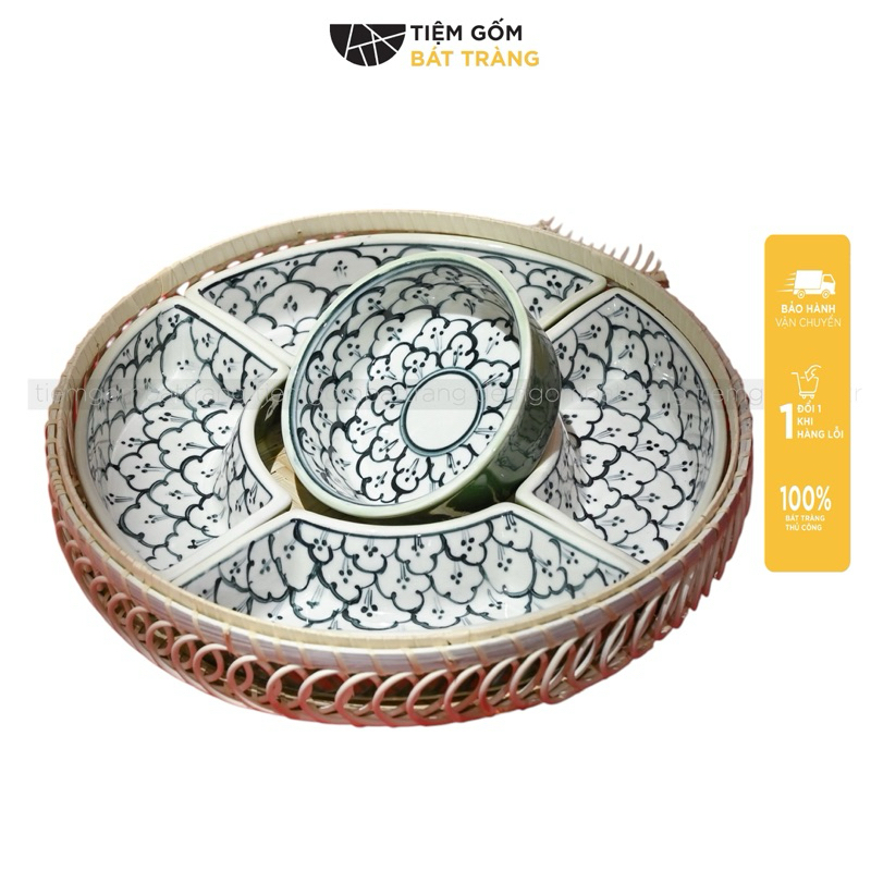 Khay Sứ Đựng Thức Ăn Cơm Phần Bánh kẹo Tết Set Khay Mây Sứ Hoạ Tiết Gốm Bát tràng Vẽ Tay Nhiều Họa T